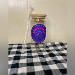 “Mom Juice” Glass Tumbler 16 oz Includes Bamboo Lid and Sealed Straw